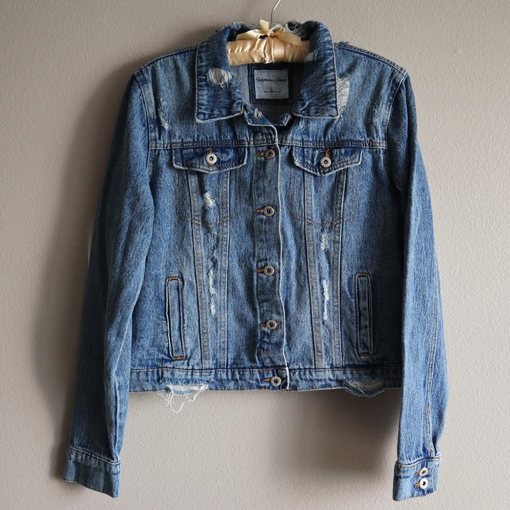 Highway Jeans Distressed Light Wash Denim Button Up Jacket 100% Cotton Size L